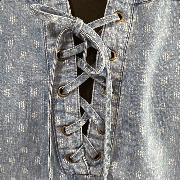 Philosophy Chambray Rainbow Print Pullover Shirt Dress Laced Neckline LG Casual - Picture 8 of 11